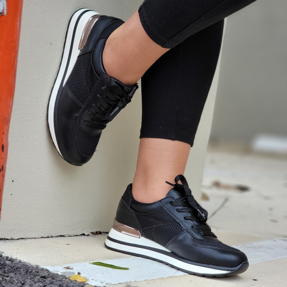 Sports Women's Lace-up Black Sneakers - Picture 2 of 5